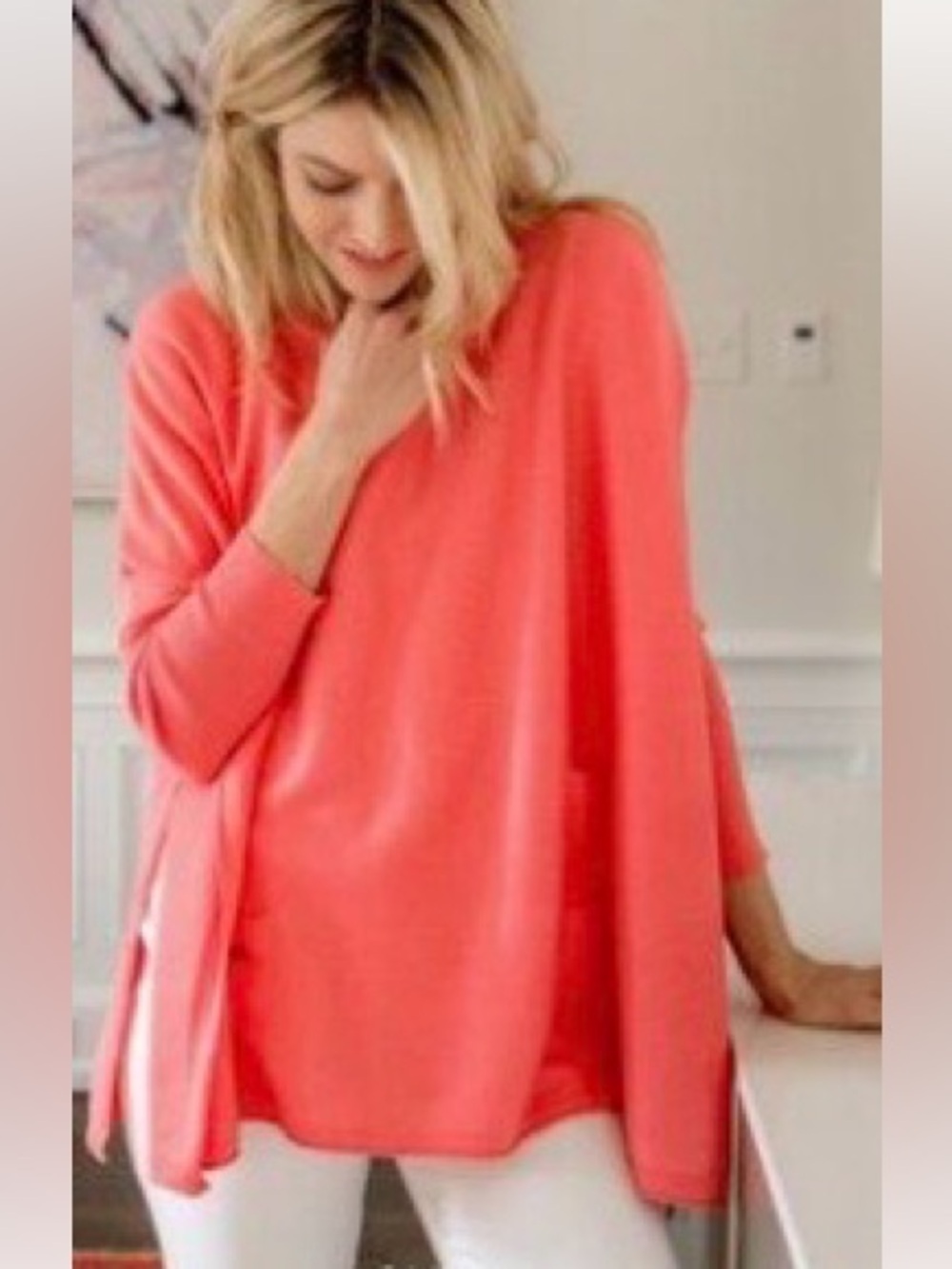 Mersea Catalina Deep Coral Crew Neck Travel Sweater Boxy Slits on side One Size